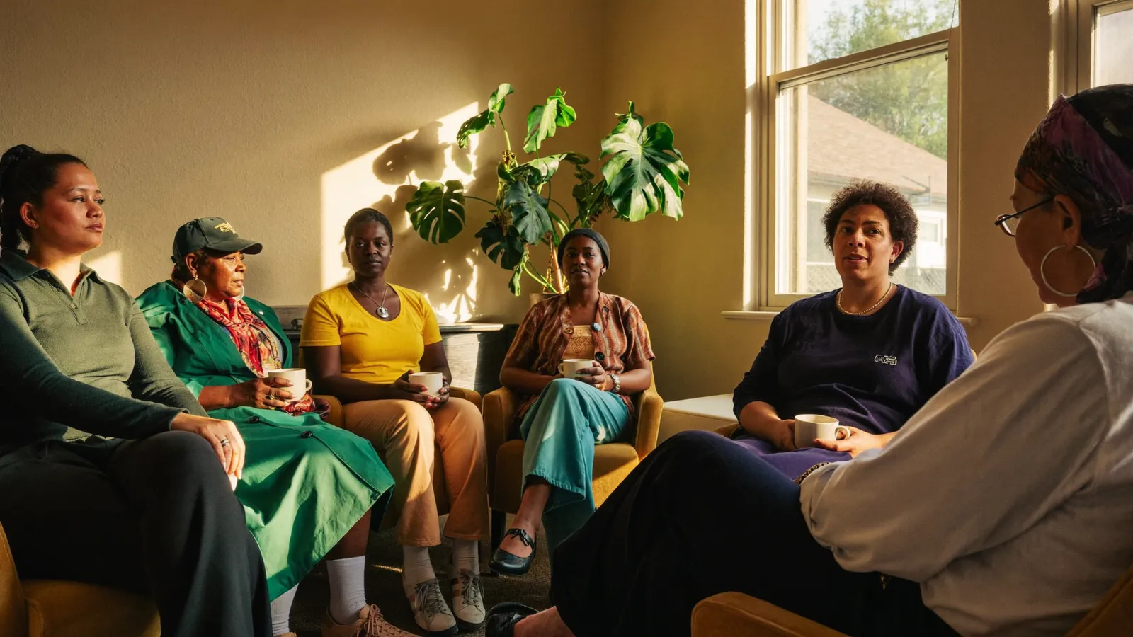 A warm support circle meeting in a sunlit community room.